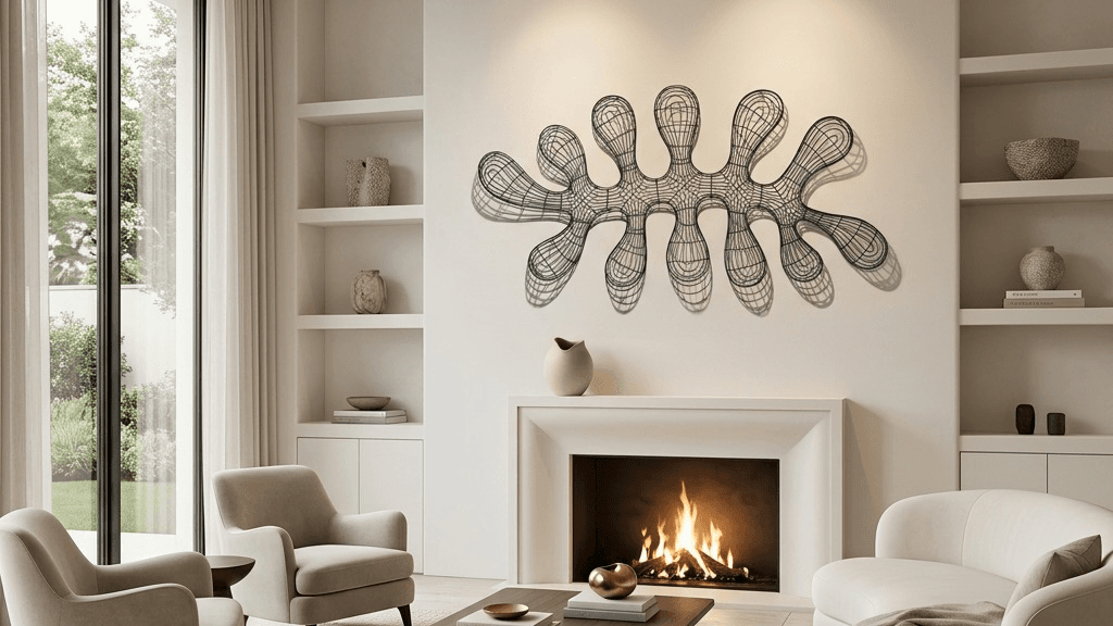 Luxurious living room featuring a large abstract metal wire wall sculpture as the focal point